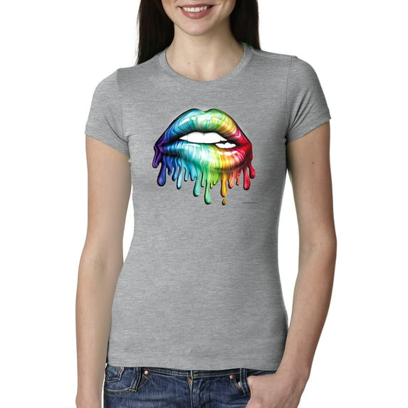 Wild Bobby, Colorful Neon Rainbow Biting Lips, Pop Culture, Women Slim Fit Junior Tee, Heather Grey, Small