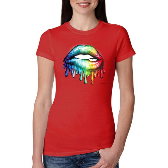 Wild Bobby, Colorful Neon Rainbow Biting Lips, Pop Culture, Women Slim Fit Junior Tee, Red, Large