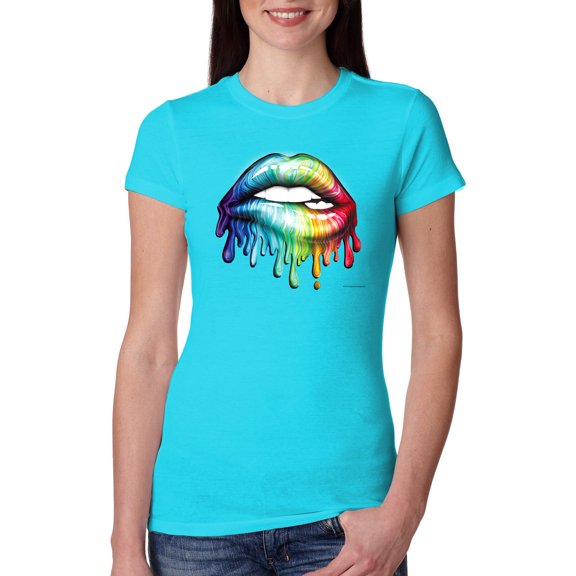 Wild Bobby, Colorful Neon Rainbow Biting Lips, Pop Culture, Women Slim Fit Junior Tee, Tahiti Blue, Small