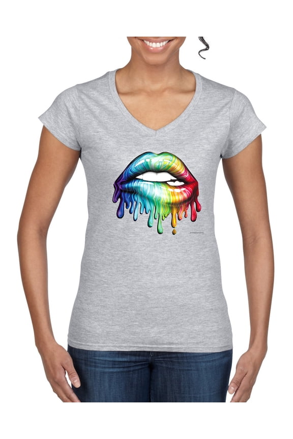 , Colorful Neon Rainbow Biting Lips, Pop Culture, Women Standard V-Neck Tee, Heather Grey, Medium
