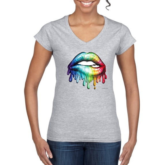Wild Bobby, Colorful Neon Rainbow Biting Lips, Pop Culture, Women Standard V-Neck Tee, Heather Grey, X-Large
