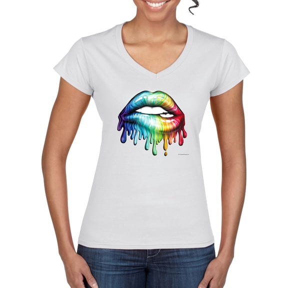 Wild Bobby, Colorful Neon Rainbow Biting Lips, Pop Culture, Women Standard V-Neck Tee, White, 2XL