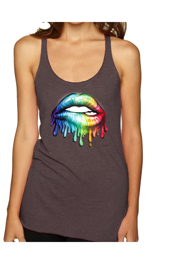 , Colorful Neon Rainbow Biting Lips, Pop Culture, Women Tri-Blend Racerback Tank Top, Brown, X-Large