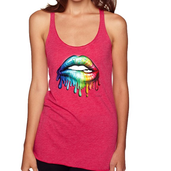 Wild Bobby, Colorful Neon Rainbow Biting Lips, Pop Culture, Women Tri-Blend Racerback Tank Top, Shocking Pink, Large