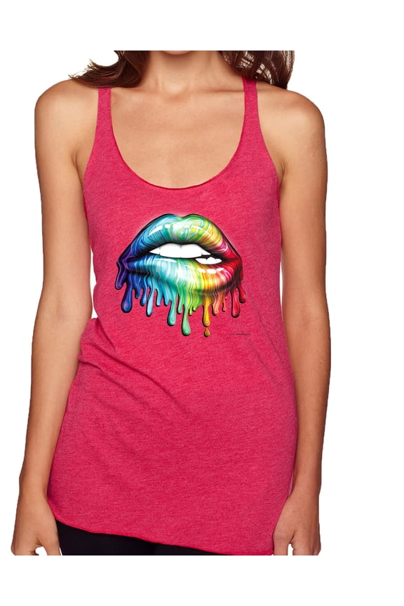, Colorful Neon Rainbow Biting Lips, Pop Culture, Women Tri-Blend Racerback Tank Top, Shocking Pink, Large