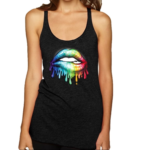Wild Bobby, Colorful Neon Rainbow Biting Lips, Pop Culture, Women Tri-Blend Racerback Tank Top, Vintage Black, Large