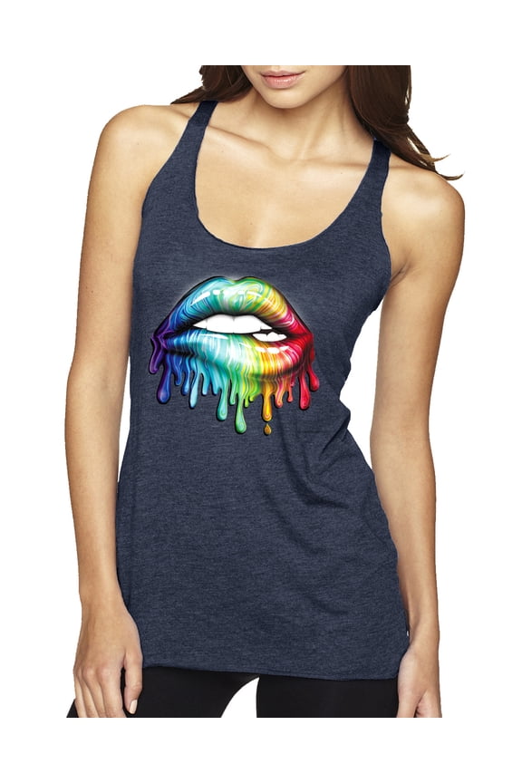 , Colorful Neon Rainbow Biting Lips, Pop Culture, Women Tri-Blend Racerback Tank Top, Vintage Navy, X-Large