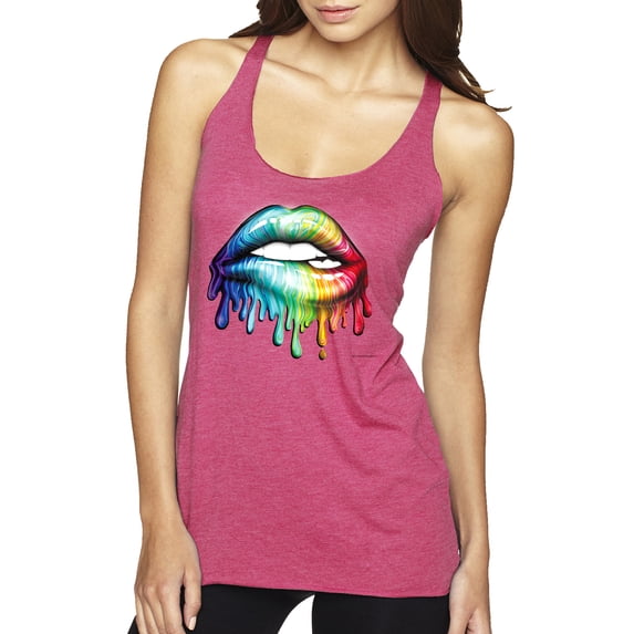 Wild Bobby, Colorful Neon Rainbow Biting Lips, Pop Culture, Women Tri-Blend Racerback Tank Top, Vintage Pink, Small