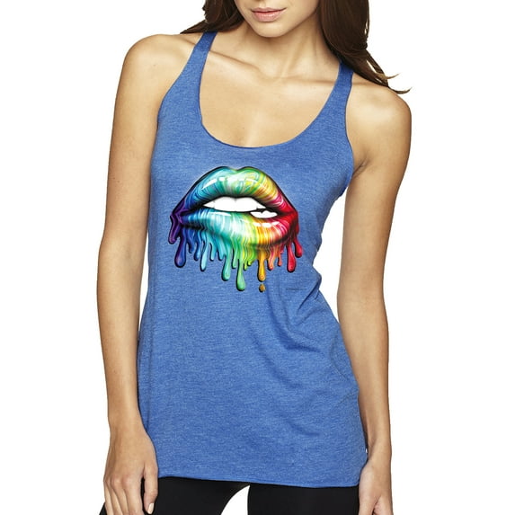Wild Bobby, Colorful Neon Rainbow Biting Lips, Pop Culture, Women Tri-Blend Racerback Tank Top, Vintage Royal, Large
