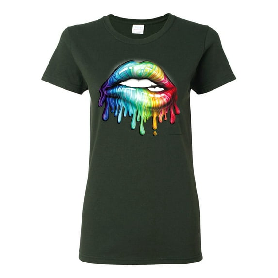 Wild Bobby, Colorful Neon Rainbow Biting Lips Pop Culture Womens Graphic T-Shirt, Forest Green, 3X-Large