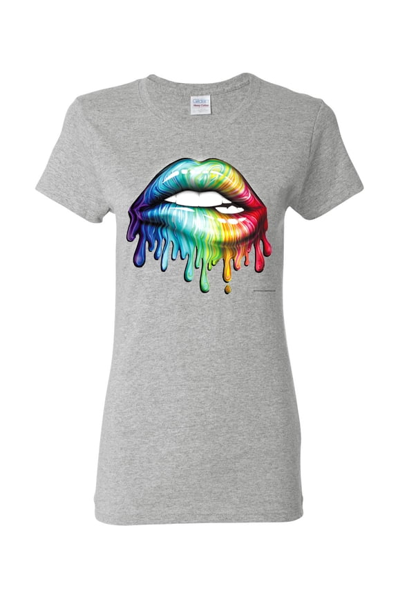 , Colorful Neon Rainbow Biting Lips Pop Culture Womens Graphic T-Shirt, Heather Grey, Small