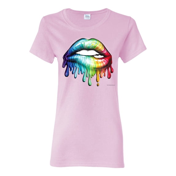 Wild Bobby, Colorful Neon Rainbow Biting Lips Pop Culture Womens Graphic T-Shirt, Light Pink, Small