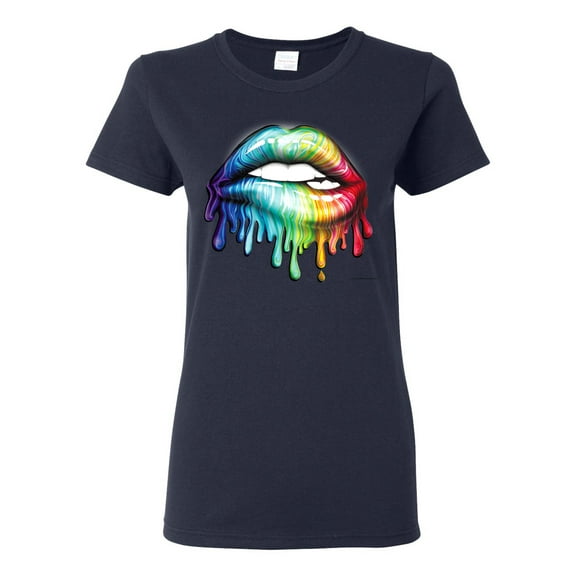 Wild Bobby, Colorful Neon Rainbow Biting Lips Pop Culture Womens Graphic T-Shirt, Navy, Medium