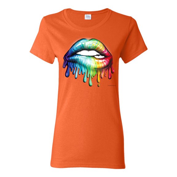 Wild Bobby, Colorful Neon Rainbow Biting Lips Pop Culture Womens Graphic T-Shirt, Orange, X-Large