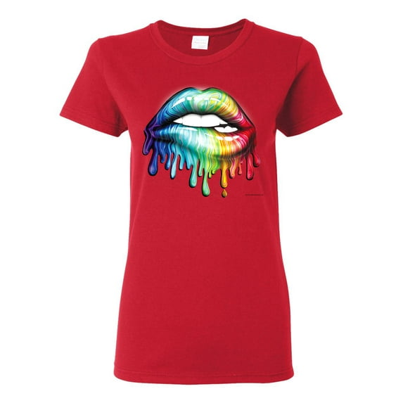 Wild Bobby, Colorful Neon Rainbow Biting Lips Pop Culture Womens Graphic T-Shirt, Red, X-Large