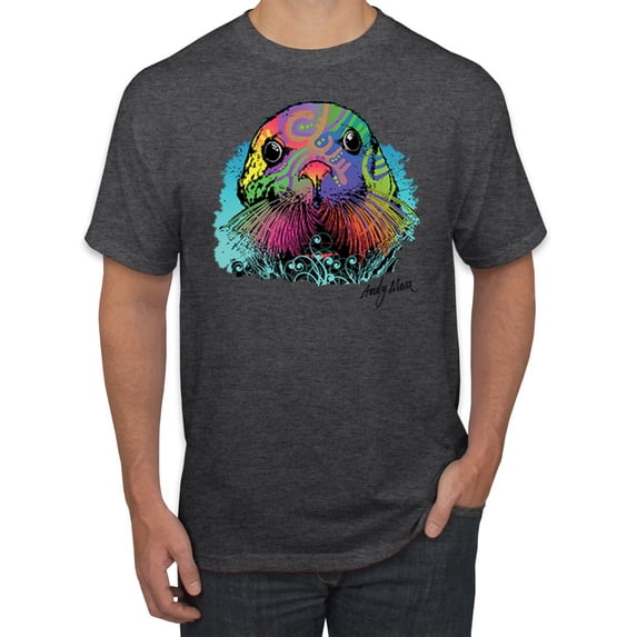 Wild Bobby, Colorful Neon Seal Animal Lover Men's Graphic T-Shirt, Heather Black, 3XL