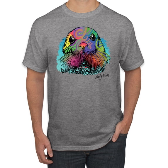 Wild Bobby, Colorful Neon Seal Animal Lover Men's Graphic T-Shirt, Heather Grey, X-Large