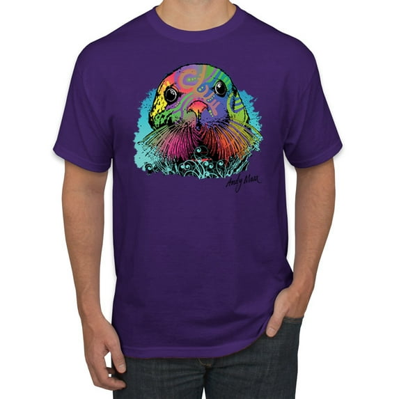 Wild Bobby, Colorful Neon Seal Animal Lover Men's Graphic T-Shirt, Purple, 5XL
