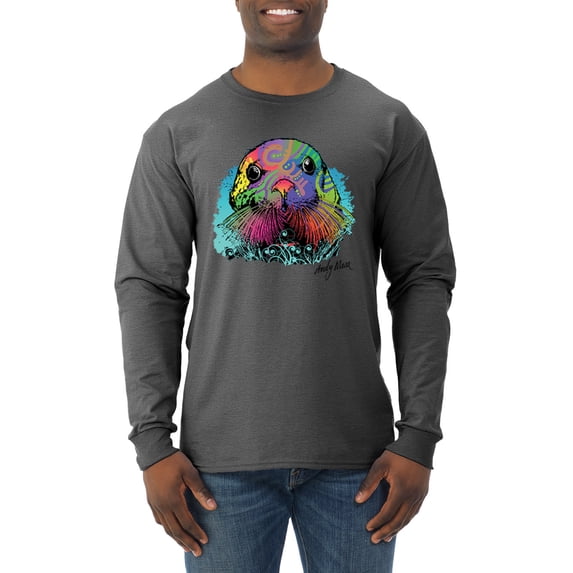 Wild Bobby, Colorful Neon Seal Animal Lover Mens Long Sleeve Shirt, Heather Black, 3XL