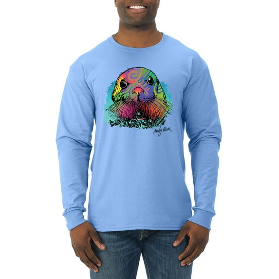 Wild Bobby, Colorful Neon Seal Animal Lover Mens Long Sleeve Shirt, Light Blue, Medium