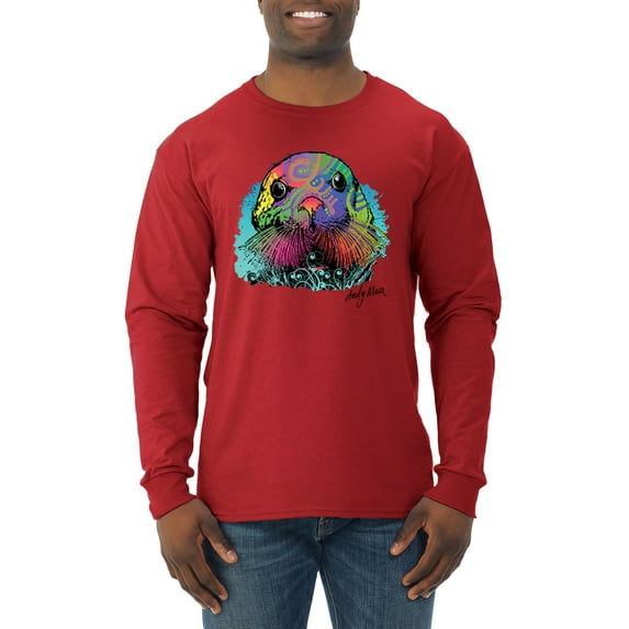Wild Bobby, Colorful Neon Seal Animal Lover Mens Long Sleeve Shirt, Red, X-Large