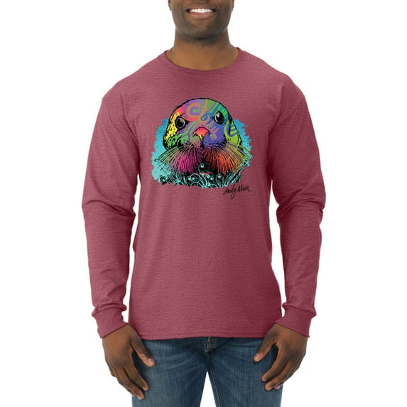 Wild Bobby, Colorful Neon Seal Animal Lover Mens Long Sleeve Shirt, Vintage Heather Red, 2XL