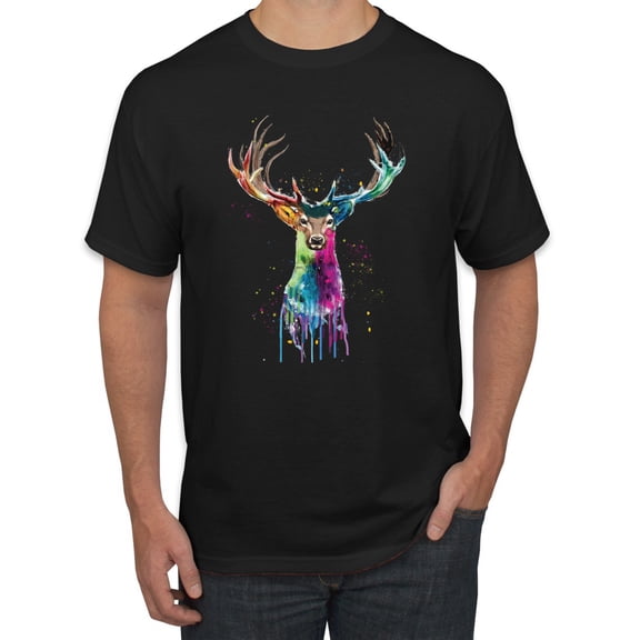 Wild Bobby, Colorful Paint Splatter Deer Head, Animal Lover, Men's Graphic Tees, Black, X-Large