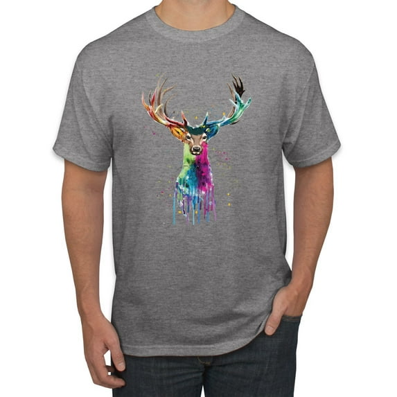 Wild Bobby, Colorful Paint Splatter Deer Head, Animal Lover, Men's Graphic Tees, Heather Grey, Medium