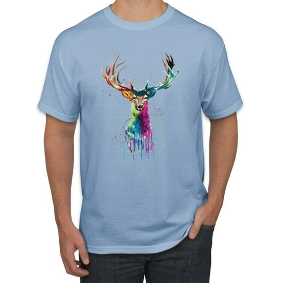 Wild Bobby, Colorful Paint Splatter Deer Head, Animal Lover, Men's Graphic Tees, Light Blue, 5XL