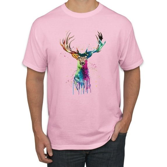 Wild Bobby, Colorful Paint Splatter Deer Head, Animal Lover, Men's Graphic Tees, Light Pink, X-Large