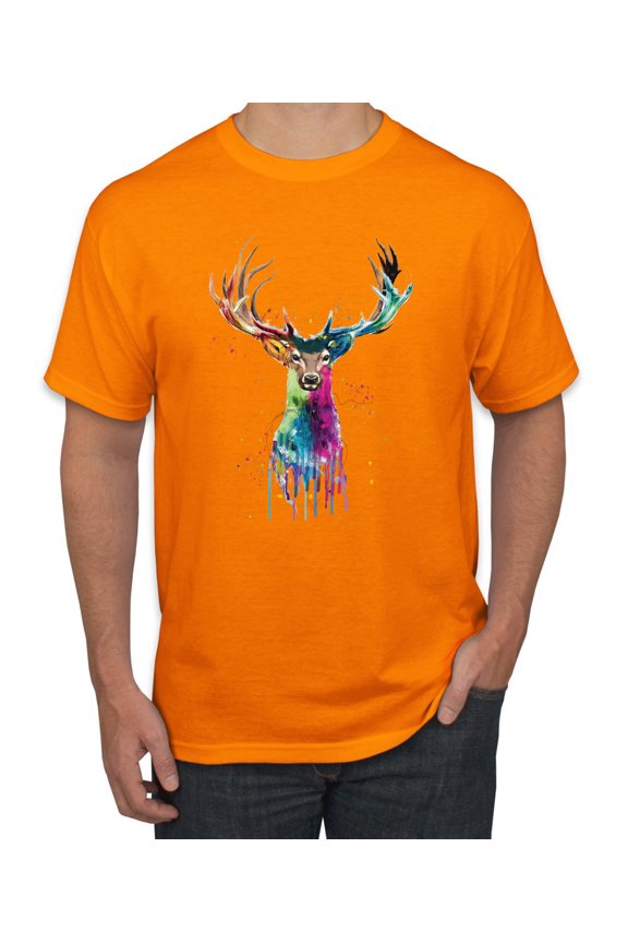 , Colorful Paint Splatter Deer Head, Animal Lover, Men's Graphic Tees, Orange, 3XL