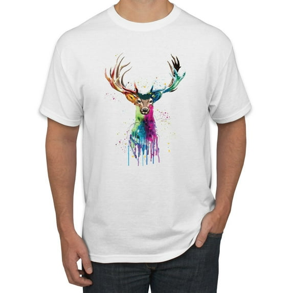 Wild Bobby, Colorful Paint Splatter Deer Head, Animal Lover, Men's Graphic Tees, White, 2XL