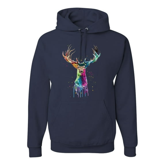 Wild Bobby, Colorful Paint Splatter Deer Head, Animal Lover, Unisex Graphic Hoodie Sweatshirt, Navy, Small