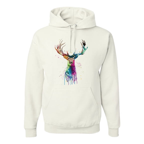 Wild Bobby, Colorful Paint Splatter Deer Head, Animal Lover, Unisex Graphic Hoodie Sweatshirt, White, Large