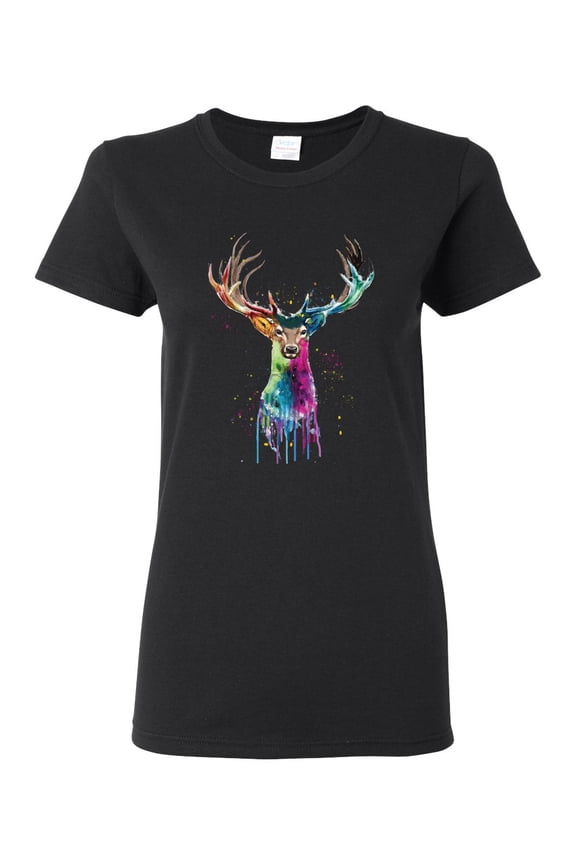 , Colorful Paint Splatter Deer Head, Animal Lover, Womens Graphic Tees, Black, 3XL