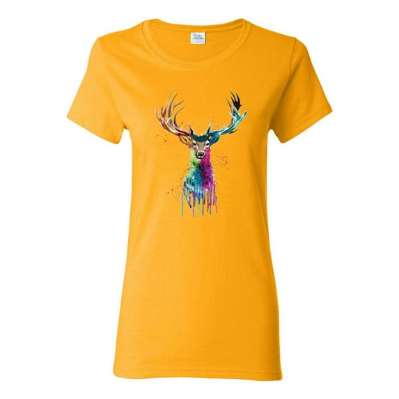 Wild Bobby, Colorful Paint Splatter Deer Head, Animal Lover, Womens Graphic Tees, Gold, 2XL
