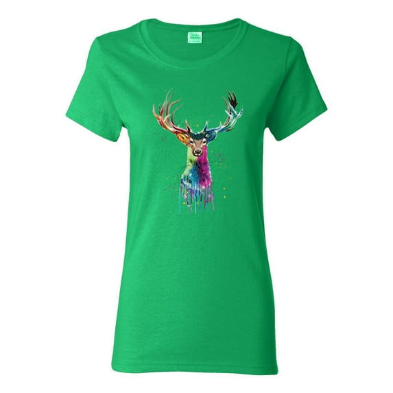 Wild Bobby, Colorful Paint Splatter Deer Head, Animal Lover, Womens Graphic Tees, Kelly, Medium