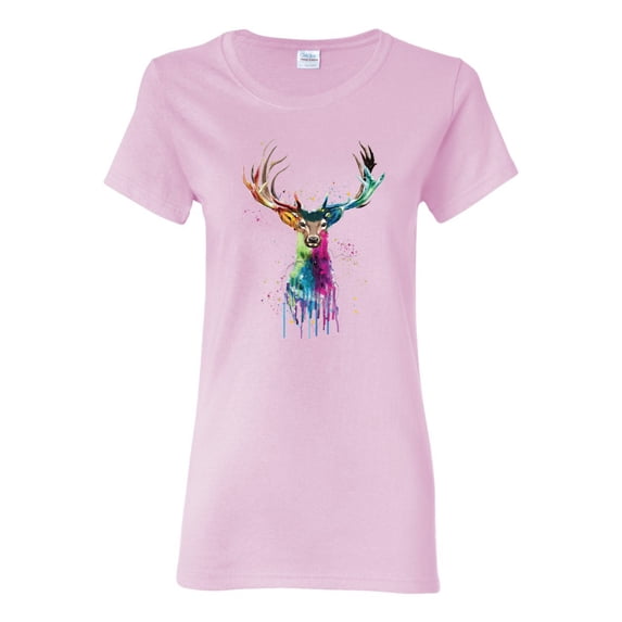 Wild Bobby, Colorful Paint Splatter Deer Head, Animal Lover, Womens Graphic Tees, Light Pink, X-Large