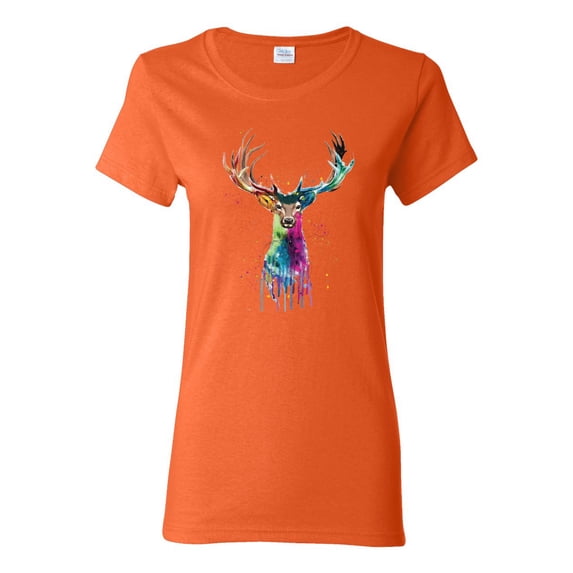 Wild Bobby, Colorful Paint Splatter Deer Head, Animal Lover, Womens Graphic Tees, Orange, 3XL