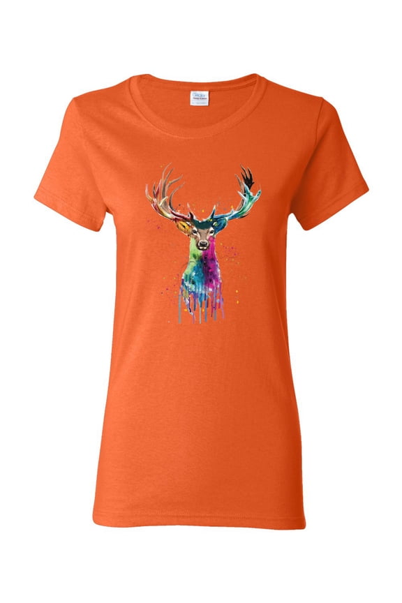 , Colorful Paint Splatter Deer Head, Animal Lover, Womens Graphic Tees, Orange, Medium