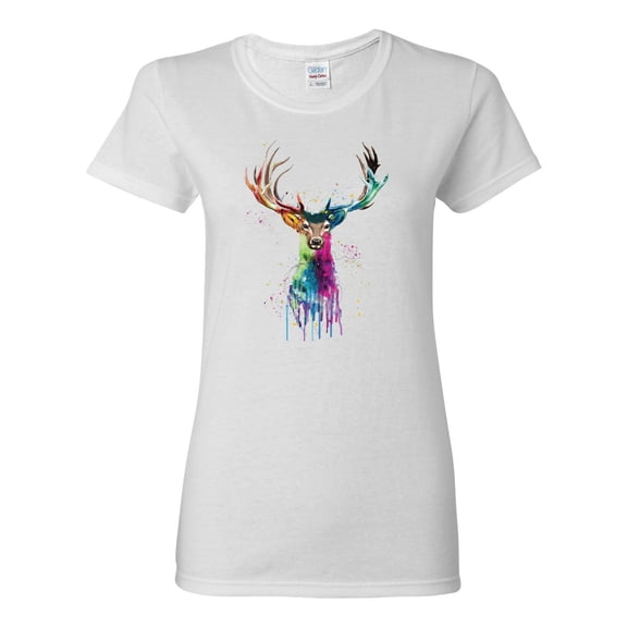 Wild Bobby, Colorful Paint Splatter Deer Head, Animal Lover, Womens Graphic Tees, White, Medium