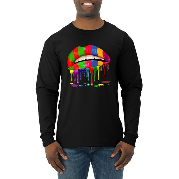 Wild Bobby, Colorful Painted Lip, Streetwear, Men Long Sleeve Shirt, Black, X-Large