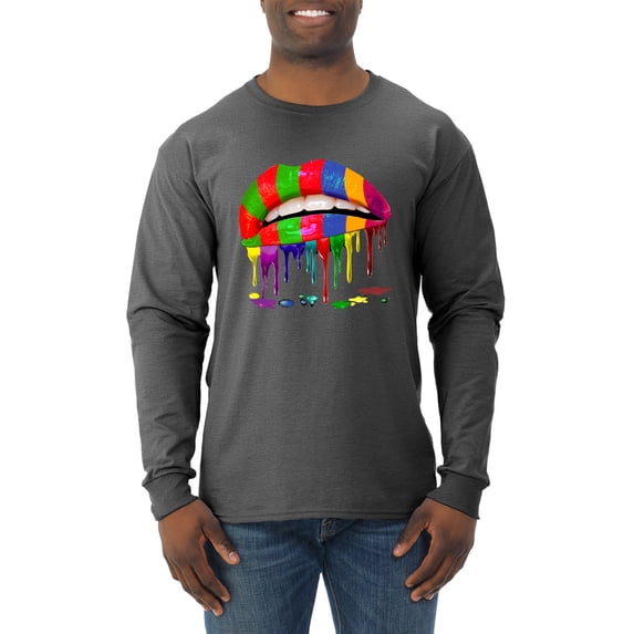 Wild Bobby, Colorful Painted Lip, Streetwear, Men Long Sleeve Shirt, Heather Black, XX-Large