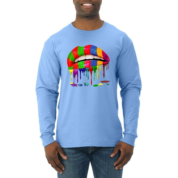 Wild Bobby, Colorful Painted Lip, Streetwear, Men Long Sleeve Shirt, Light Blue, Medium