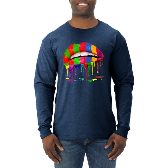 Wild Bobby, Colorful Painted Lip, Streetwear, Men Long Sleeve Shirt, Vintage Heather Navy, 3X-Large