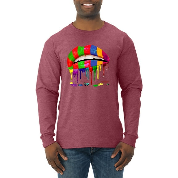 Wild Bobby, Colorful Painted Lip, Streetwear, Men Long Sleeve Shirt, Vintage Heather Red, Small