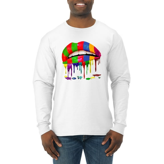 Wild Bobby, Colorful Painted Lip, Streetwear, Men Long Sleeve Shirt, White, Large