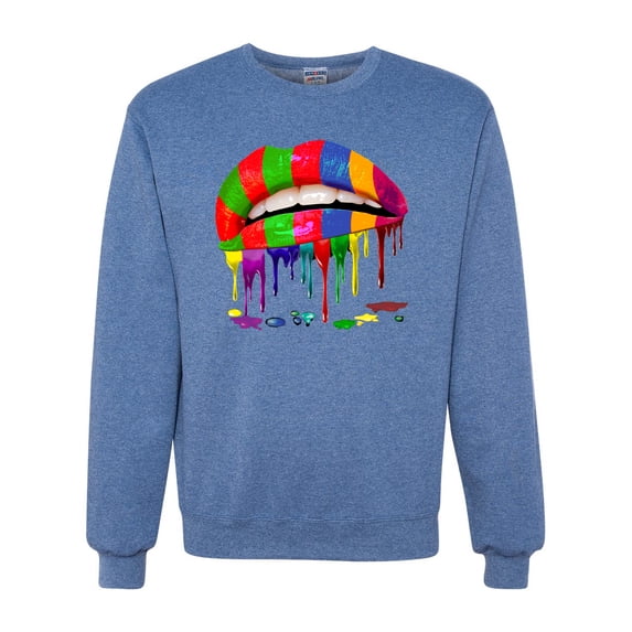 Wild Bobby, Colorful Painted Lip, Streetwear, Unisex Crewneck Graphic Sweatshirt, Vintage Heather Blue, Small