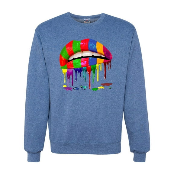 Wild Bobby, Colorful Painted Lip, Streetwear, Unisex Crewneck Graphic Sweatshirt, Vintage Heather Blue, X-Large