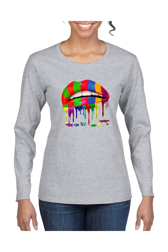 , Colorful Painted Lip, Streetwear, Women Graphic Long Sleeve Tee, Heather Grey, XX-Large